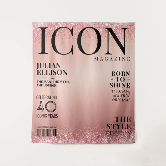 Aangepaste modetijdschriftbanner, roze gouden fees wandkleed (Voorkant)