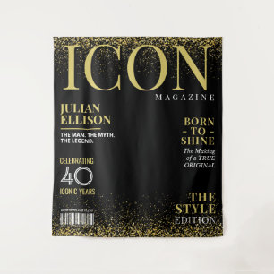 Aangepaste modetijdschriftbanner, zwart goud feest wandkleed