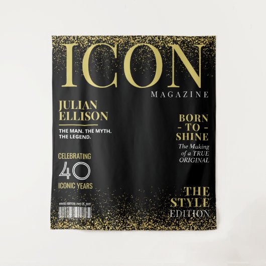 Aangepaste modetijdschriftbanner, zwart goud feest wandkleed (Voorkant)