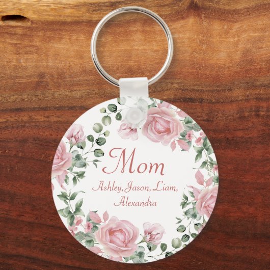 Aangepaste Moeder Roze Rozen Bloemen 4 tot 8 Kinde Sleutelhanger (Achterkant)