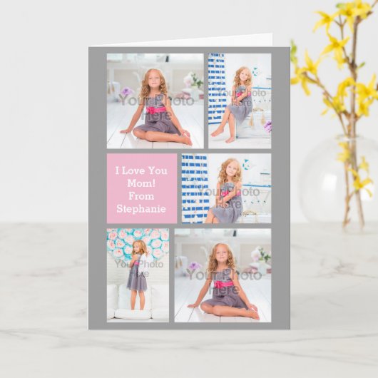 Aangepaste Moederdag fotocollage roze/groen/grijs Kaart (Gele Bloem)