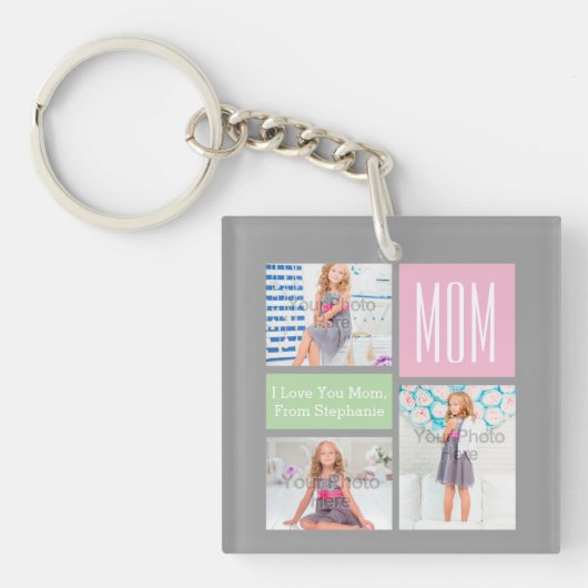 Aangepaste Moederdag fotocollage roze/groen/grijs Sleutelhanger (voorkant)