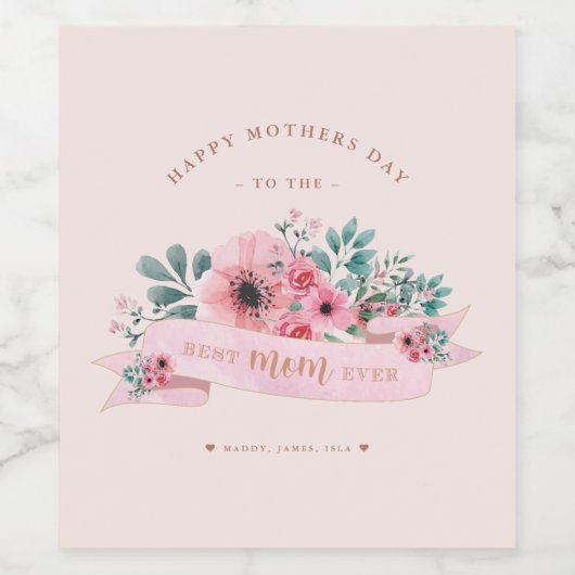 Aangepaste Moederdag roze Waterverf Floral Wijn Etiket (Enkel label)