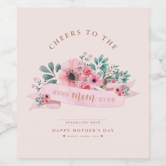 Aangepaste Moederdag roze Waterverf Floral Wijn Etiket (Enkel label)