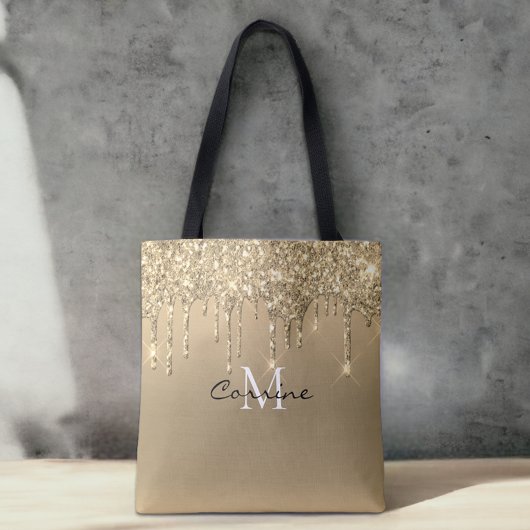 Aangepaste Monogram 14k Ant Gold Drip Glitter Meta Tote Bag