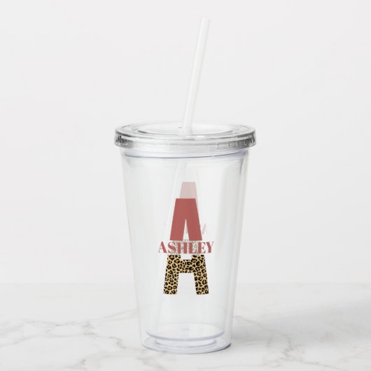 Aangepaste monogram A roze luipaard Acryl Drinkbeker (Achterkant)