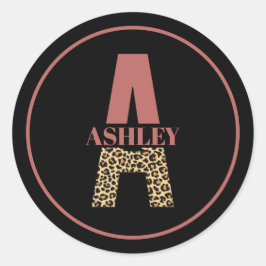 Aangepaste monogram A roze luipaard Ronde Sticker