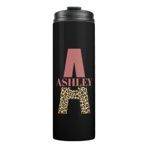 Aangepaste monogram A roze luipaard Thermosbeker