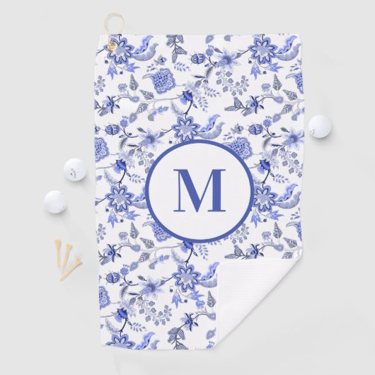 Aangepaste Monogram Antiek Blauw Wit Bloemen Golfhanddoek (Insitu)