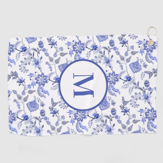 Aangepaste Monogram Antiek Blauw Wit Bloemen Golfhanddoek (Horizontaal)