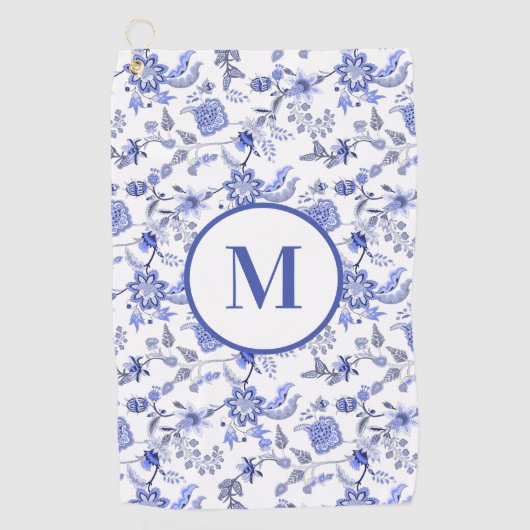 Aangepaste Monogram Antiek Blauw Wit Bloemen Golfhanddoek (Voorkant)