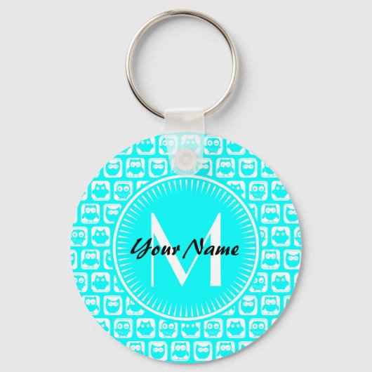 Aangepaste monogram Aqua Owl Patroon Aangepaste na Sleutelhanger (Voorkant)
