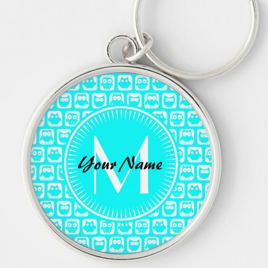 Aangepaste monogram Aqua Owl Patroon Aangepaste na Sleutelhanger (Voorkant)