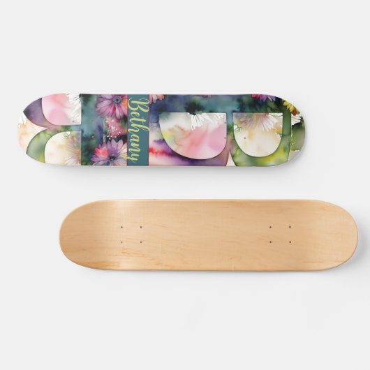 Aangepaste Monogram B Jewel Tone Waterverf Bloemen Persoonlijk Skateboard (Horizontaal)