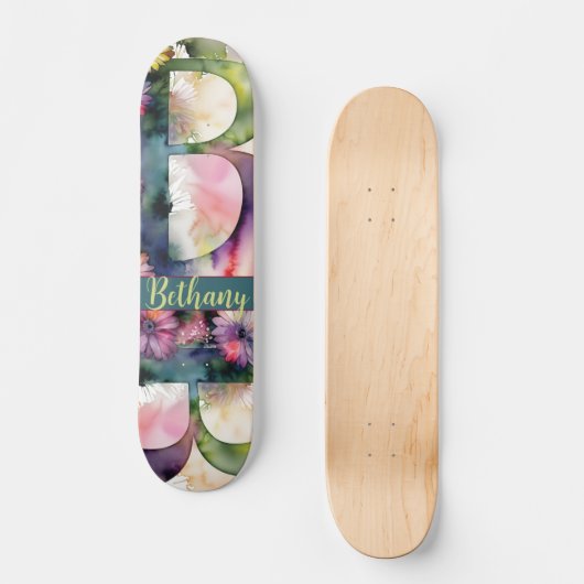 Aangepaste Monogram B Jewel Tone Waterverf Bloemen Persoonlijk Skateboard (Voorkant)