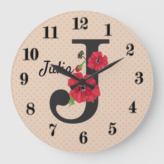 Aangepaste monogram bewerkbare J tekst rode bloem Grote Klok (Voorkant)