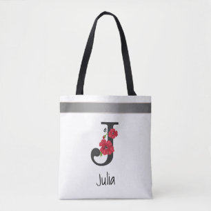 Aangepaste monogram bewerkbare j tekst rode bloem tote bag