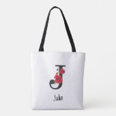 Aangepaste monogram bewerkbare j tekst rode bloem tote bag (Achterkant)