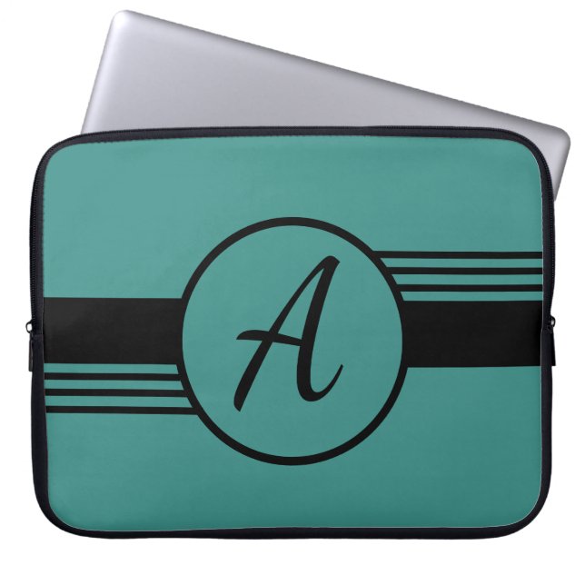 Aangepaste monogram blauw en zwarte laptophoes laptop sleeve (Voorkant)