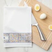 Aangepaste Monogram Blauw & Geel Mediterrane Tegel Theedoek (Quarter Fold)