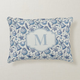 Aangepaste Monogram Blauw Toile Kerst Ornamenten Accent Kussen