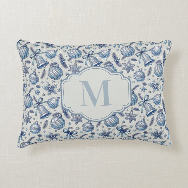 Aangepaste Monogram Blauw Toile Kerst Ornamenten Accent Kussen (Voorkant)