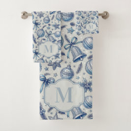 Aangepaste Monogram Blauw Toile Kerst Ornamenten Bad Handdoek