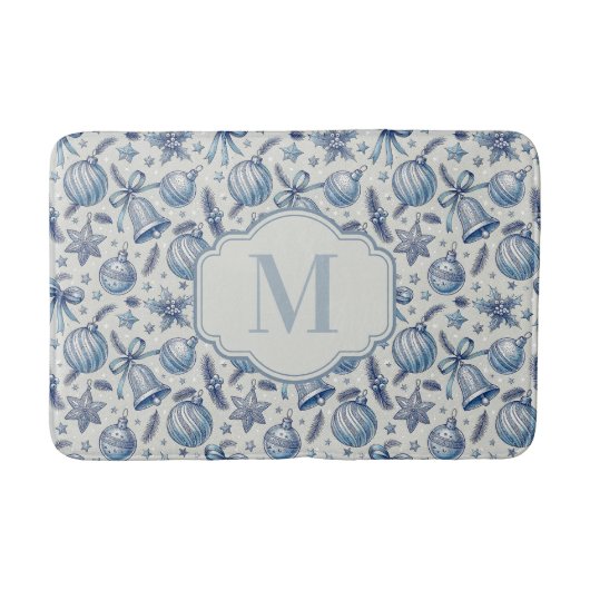 Aangepaste Monogram Blauw Toile Kerst Ornamenten Badmat (Voorkant)