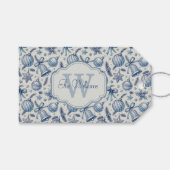 Aangepaste Monogram Blauw Toile Kerst Ornamenten Cadeaulabel (Voorkant (Horizontaal))