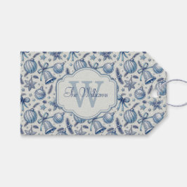 Aangepaste Monogram Blauw Toile Kerst Ornamenten Cadeaulabel