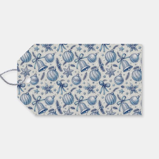Aangepaste Monogram Blauw Toile Kerst Ornamenten Cadeaulabel (Achterkant Horizontaal)