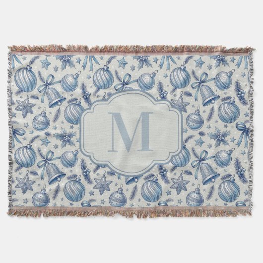 Aangepaste Monogram Blauw Toile Kerst Ornamenten Deken (Voorkant)