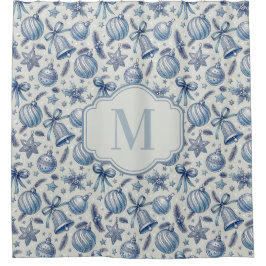 Aangepaste Monogram Blauw Toile Kerst Ornamenten Douchegordijn