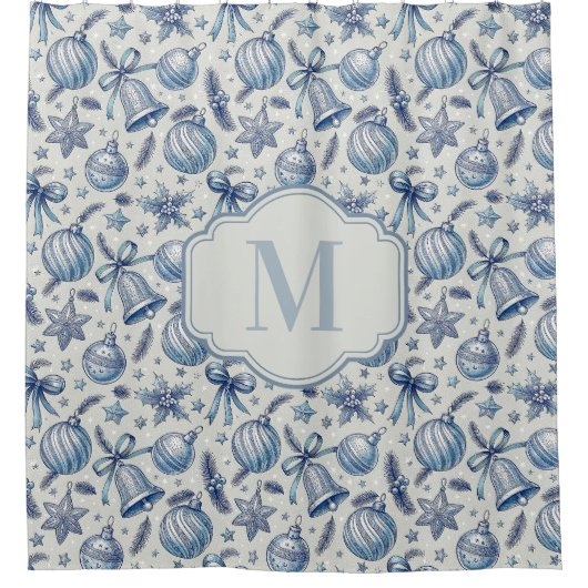 Aangepaste Monogram Blauw Toile Kerst Ornamenten Douchegordijn (Voorkant)
