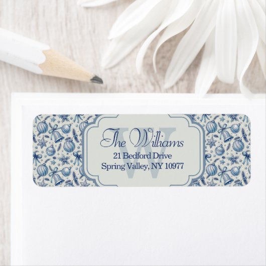 Aangepaste Monogram Blauw Toile Kerst Ornamenten Etiket (Insitu)