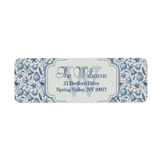 Aangepaste Monogram Blauw Toile Kerst Ornamenten Etiket (Voorkant)