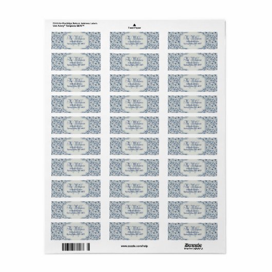 Aangepaste Monogram Blauw Toile Kerst Ornamenten Etiket (Full Sheet)