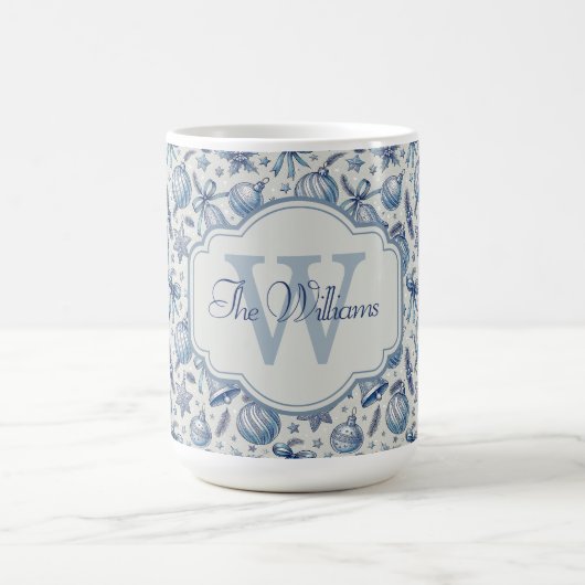Aangepaste Monogram Blauw Toile Kerst Ornamenten Koffiemok (Center)