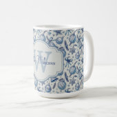 Aangepaste Monogram Blauw Toile Kerst Ornamenten Koffiemok (Voorkant rechts)