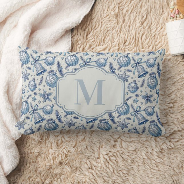 Aangepaste Monogram Blauw Toile Kerst Ornamenten Kussen (Deken)