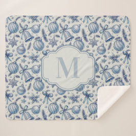 Aangepaste Monogram Blauw Toile Kerst Ornamenten Sherpa Deken