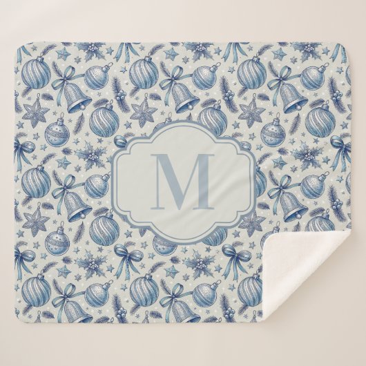 Aangepaste Monogram Blauw Toile Kerst Ornamenten Sherpa Deken (Voorkant (horizontaal))