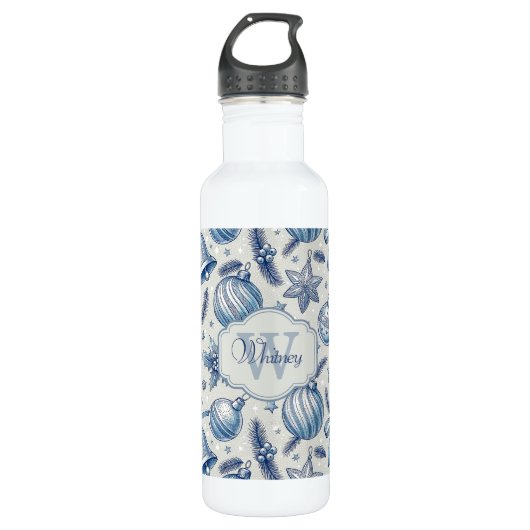 Aangepaste Monogram Blauw Toile Kerst Ornamenten Waterfles (Voorkant)