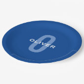 Aangepaste Monogram Blauw Wit Naam Papieren Bordje (Gekanteld)