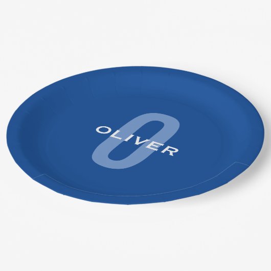 Aangepaste Monogram Blauw Wit Naam Papieren Bordje (Gekanteld)