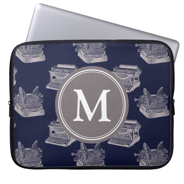 Aangepaste monogram blauwe  schrijfmachine laptop sleeve (Voorkant)