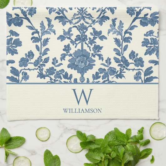 Aangepaste Monogram Blauwe Toile Keuken Handdoek (Gevouwen)