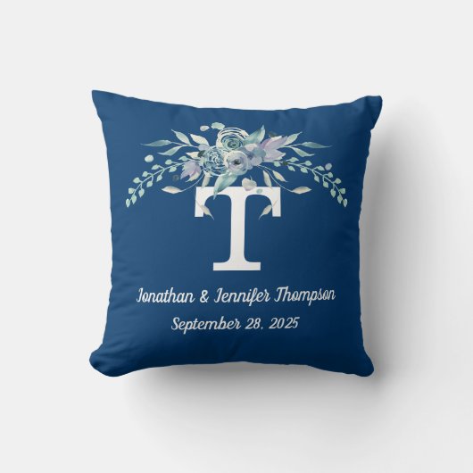 Aangepaste monogram blauwe Waterverf bloemen Kussen (Voorkant)