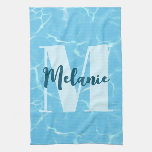 Aangepaste Monogram Blauwe Zwembool Modern Theedoek (Verticaal)