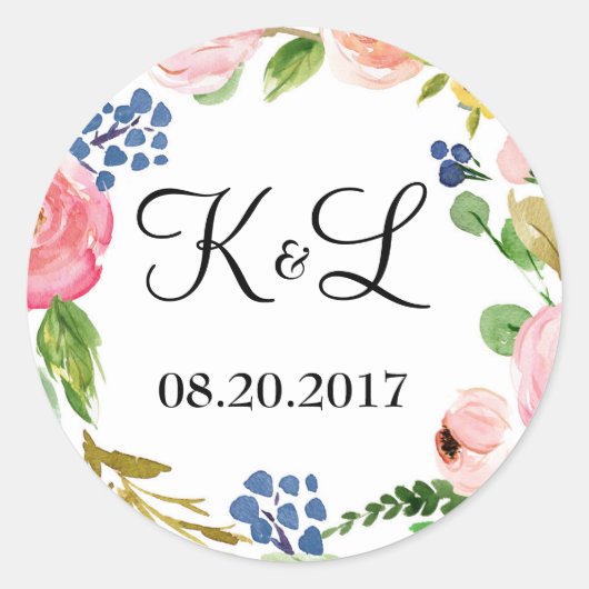 Aangepaste Monogram Bloemen Bruiloft Ronde Sticker (Voorkant)